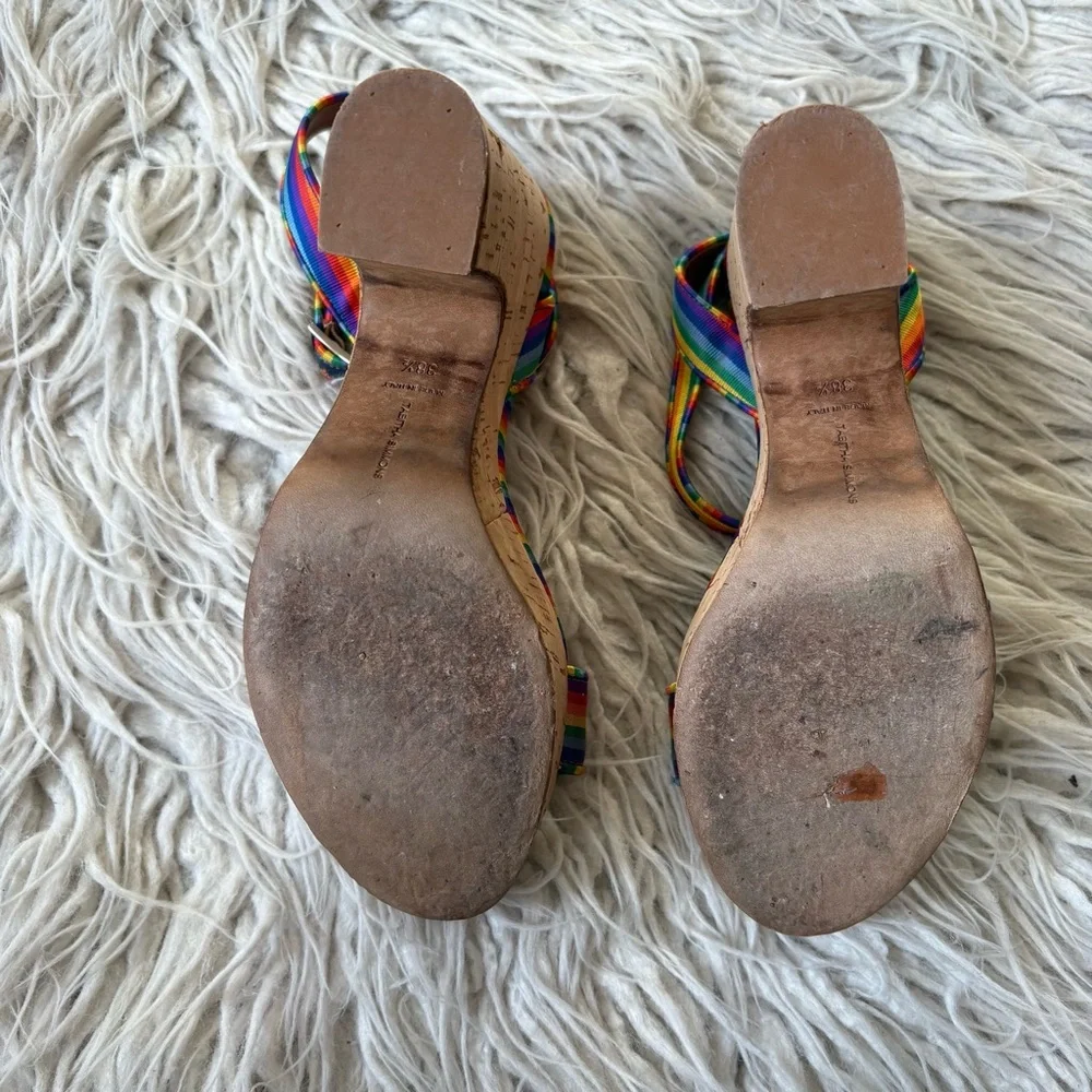 TABITHA SIMMONS Calla Rainbow Silk Ankle Strap Cork Wedge Platform Heel EUC 38.5